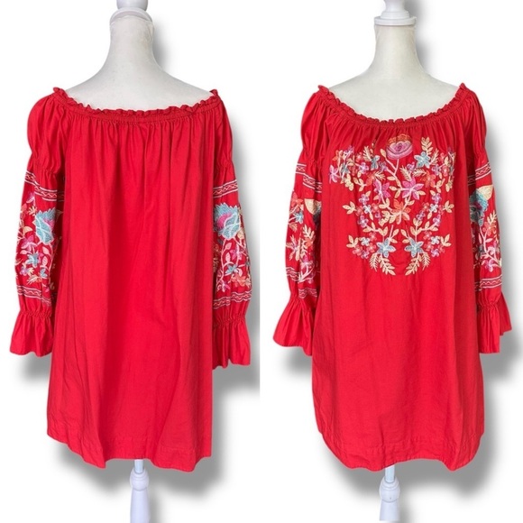 Free People Fleur Du Jour Floral Embroidered Red Off-Shoulder Mini Dress - Picture 5 of 16